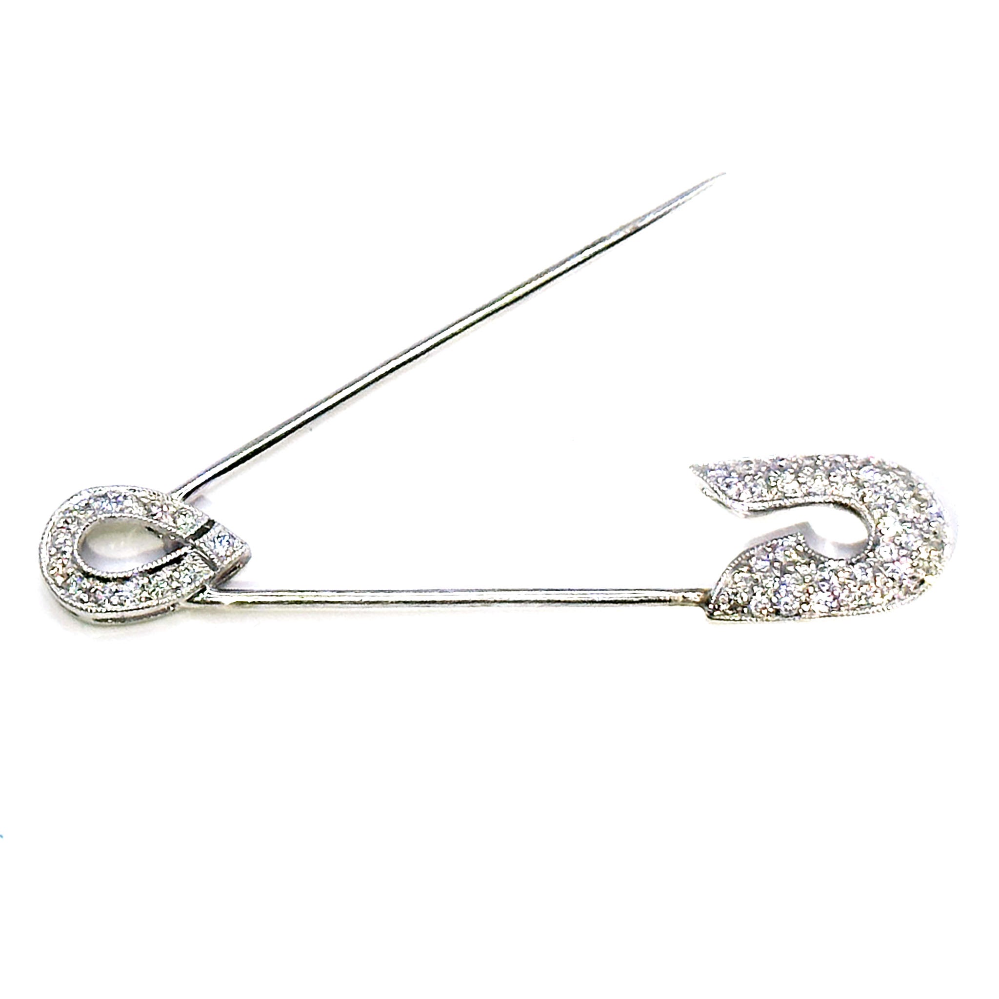 $4900 18Kt White Gold Diamond Safety Pin Brooch 0.75Ct