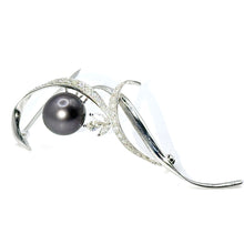 $7900 18Kt 12mm Black Tahitian Pearl and Diamonds White Gold Brooch Pin