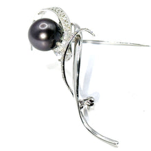$7900 18Kt 12mm Black Tahitian Pearl and Diamonds White Gold Brooch Pin