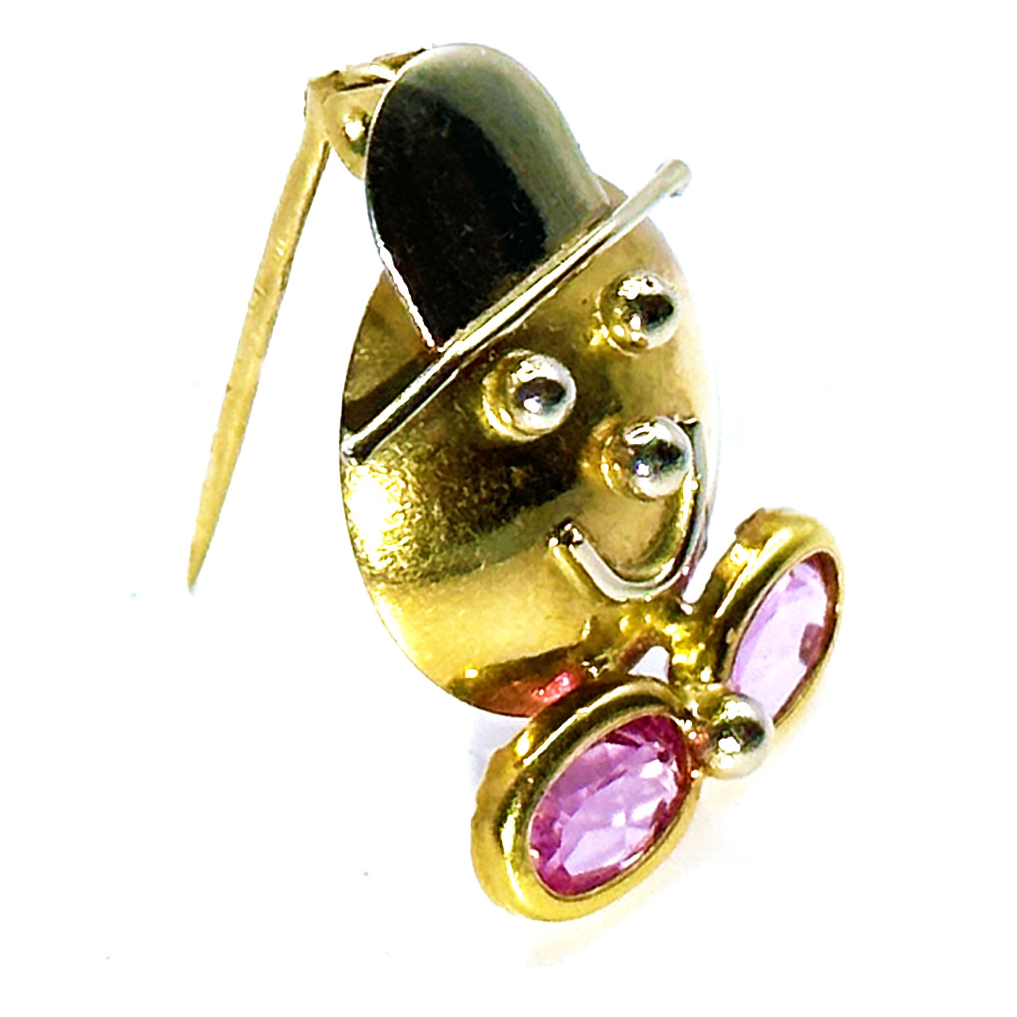 $800 14Kt White and Yellow Gold Pink Rose Quartz Clown Pin Brooch