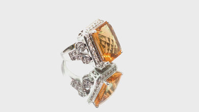 21.10Ct White Gold Natural Multifaceted Citrine and Diamond Cocktail Ring 14Kt