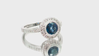 0.97Ct White Gold Bezel Halo Ceylon Sapphire and Natural Diamond Ring 14Kt