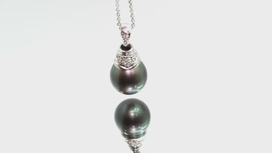 0.10 Ct Natural Diamond White Gold Black Tahitian Pearl Ladies Pendant 14 Kt