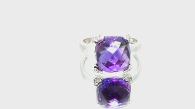 7.02 Ct White Gold and Cushion Cut Amethyst and Natural Diamond Ring 14Kt