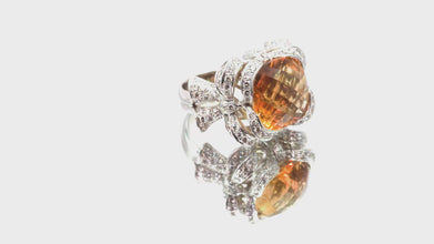 11.93Ct White Gold Natural Citrine and Pave Diamond Cocktail Ring 18Kt