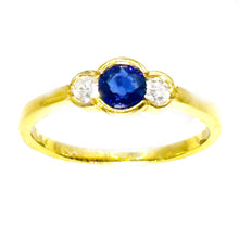 $2700 0.95Ct Yellow Gold Three Stone Bezel Sapphire and Diamond Ring 18Kt