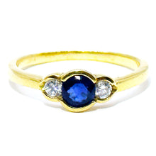 $2700 0.95Ct Yellow Gold Three Stone Bezel Sapphire and Diamond Ring 18Kt