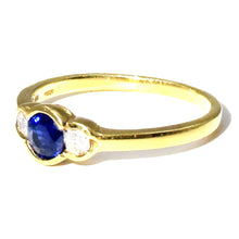 $2700 0.95Ct Yellow Gold Three Stone Bezel Sapphire and Diamond Ring 18Kt
