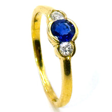 $2700 0.95Ct Yellow Gold Three Stone Bezel Sapphire and Diamond Ring 18Kt