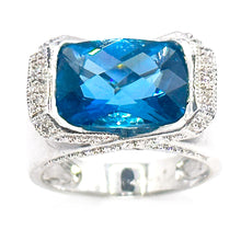 $4500 10.25Ct White Gold Blue Topaz and Diamond Cocktail Ring 14Kt