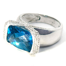 $4500 10.25Ct White Gold Blue Topaz and Diamond Cocktail Ring 14Kt
