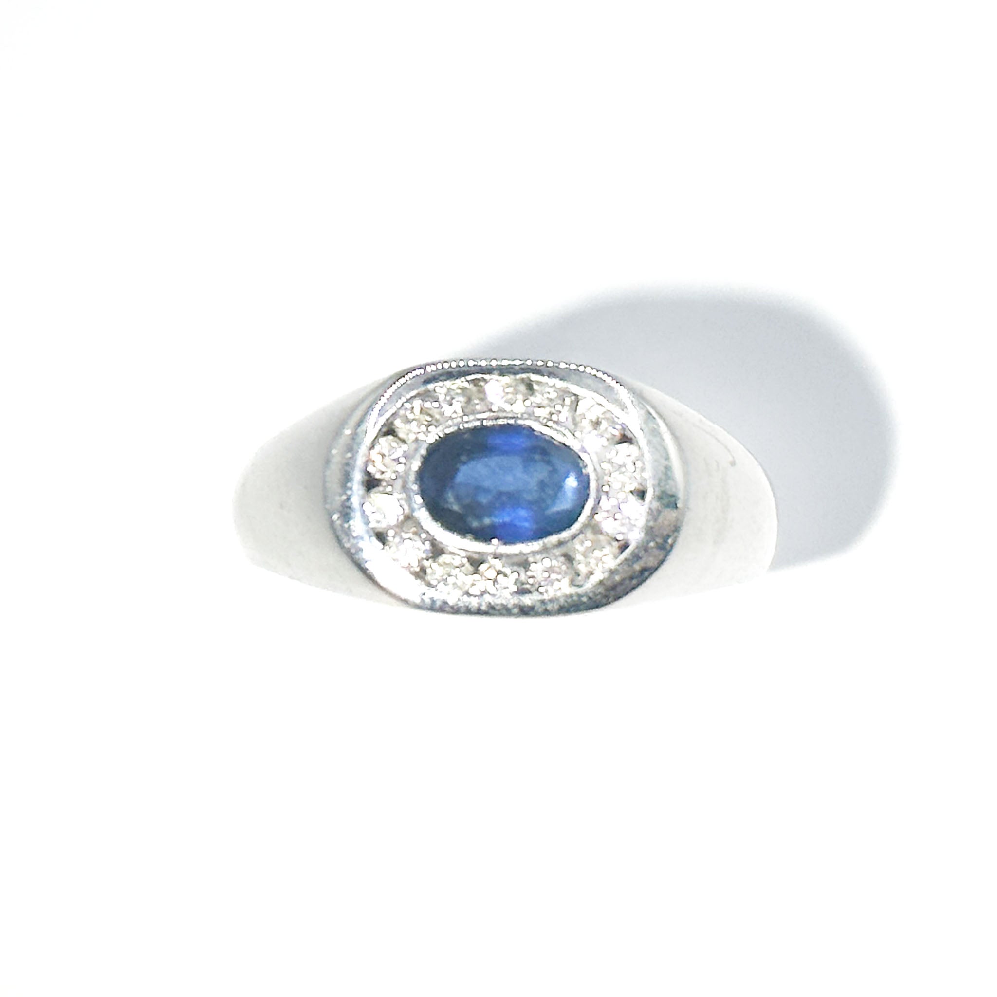 $4800 1.30Ct White Gold Bezel Sapphire and Diamonds Men's Ring 14Kt - Esmeralda Jewels 