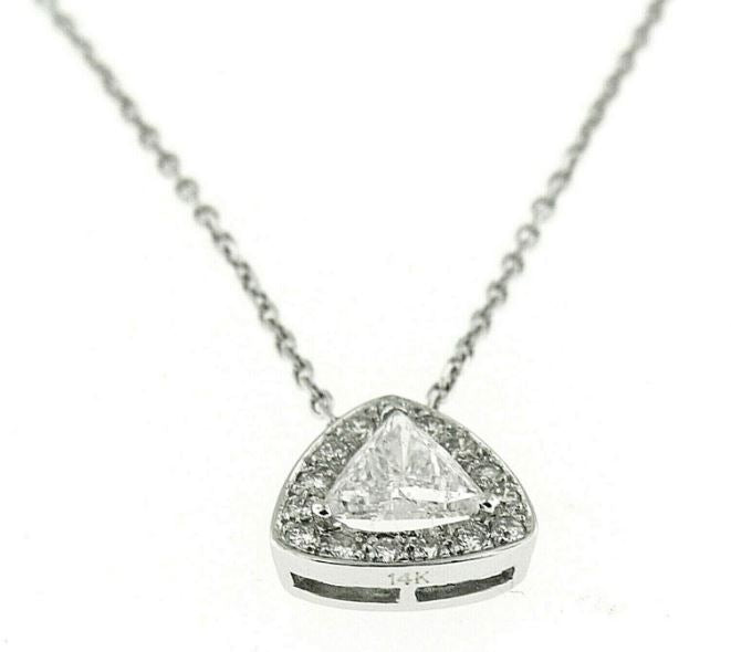 1.11 Ct White Gold Trillion Cut Diamond Triangle Halo Necklace Pendant 14 Kt